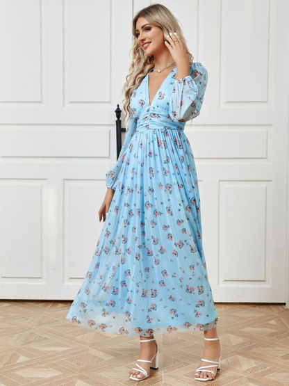 Floral Dress V-Neck Long Sleeves Pleated A-Line Maxi Dresses