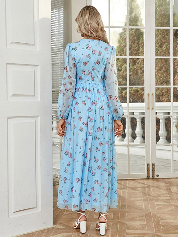 Floral Dress V-Neck Long Sleeves Pleated A-Line Maxi Dresses