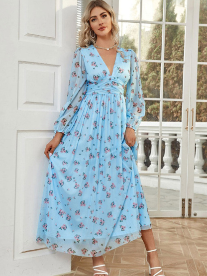 Floral Dress V-Neck Long Sleeves Pleated A-Line Maxi Dresses
