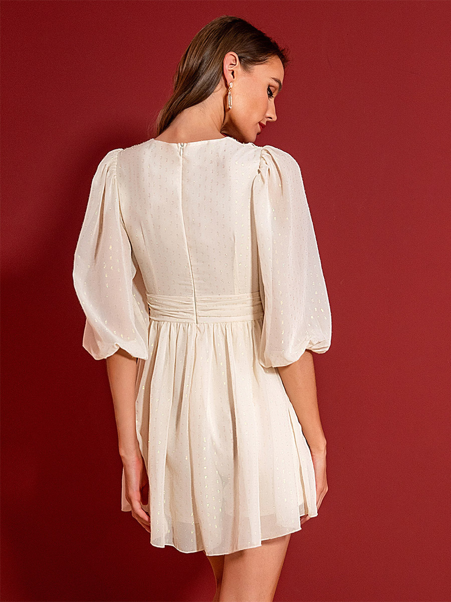 Chiffon Babydoll Dress V-Neck Pleated Half Sleeves Prom Dresses