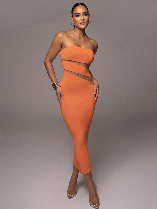 Bodycon Dresses Sleeveless Cut Out Strapless Sheer Sexy Midi Dress
