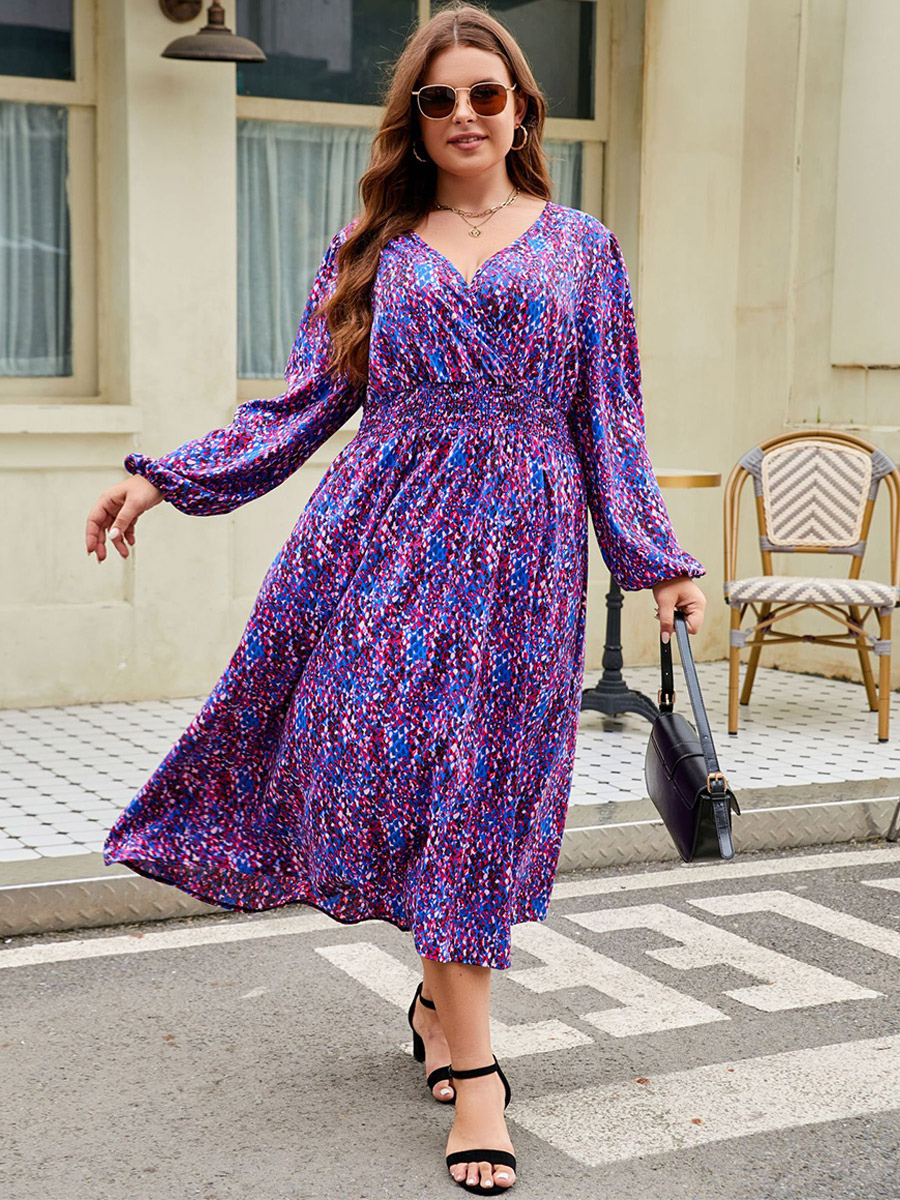 Floral Dress V-Neck Balloon Sleeves A-Line Plus Size Maxi Dresses