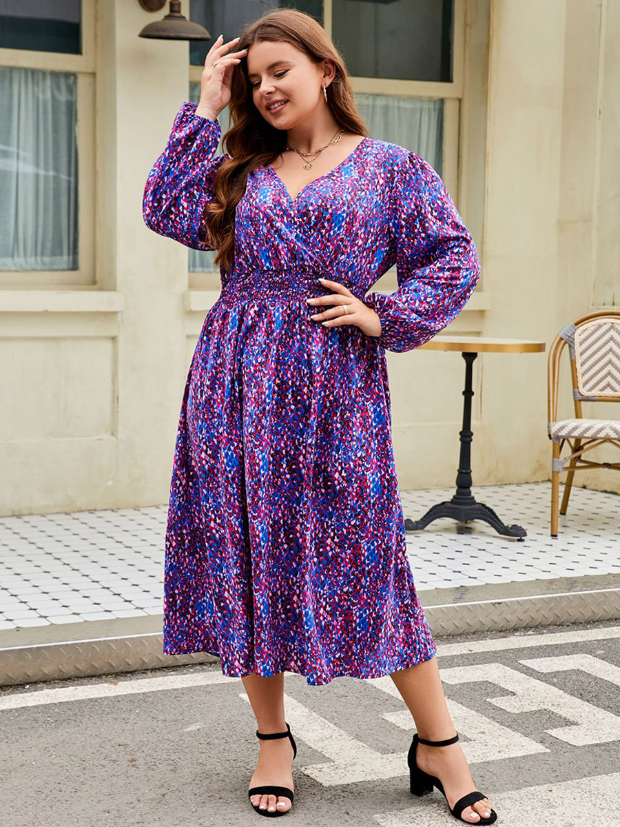 Floral Dress V-Neck Balloon Sleeves A-Line Plus Size Maxi Dresses