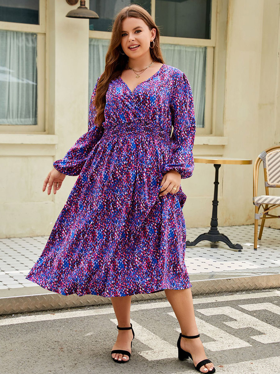 Floral Dress V-Neck Balloon Sleeves A-Line Plus Size Maxi Dresses