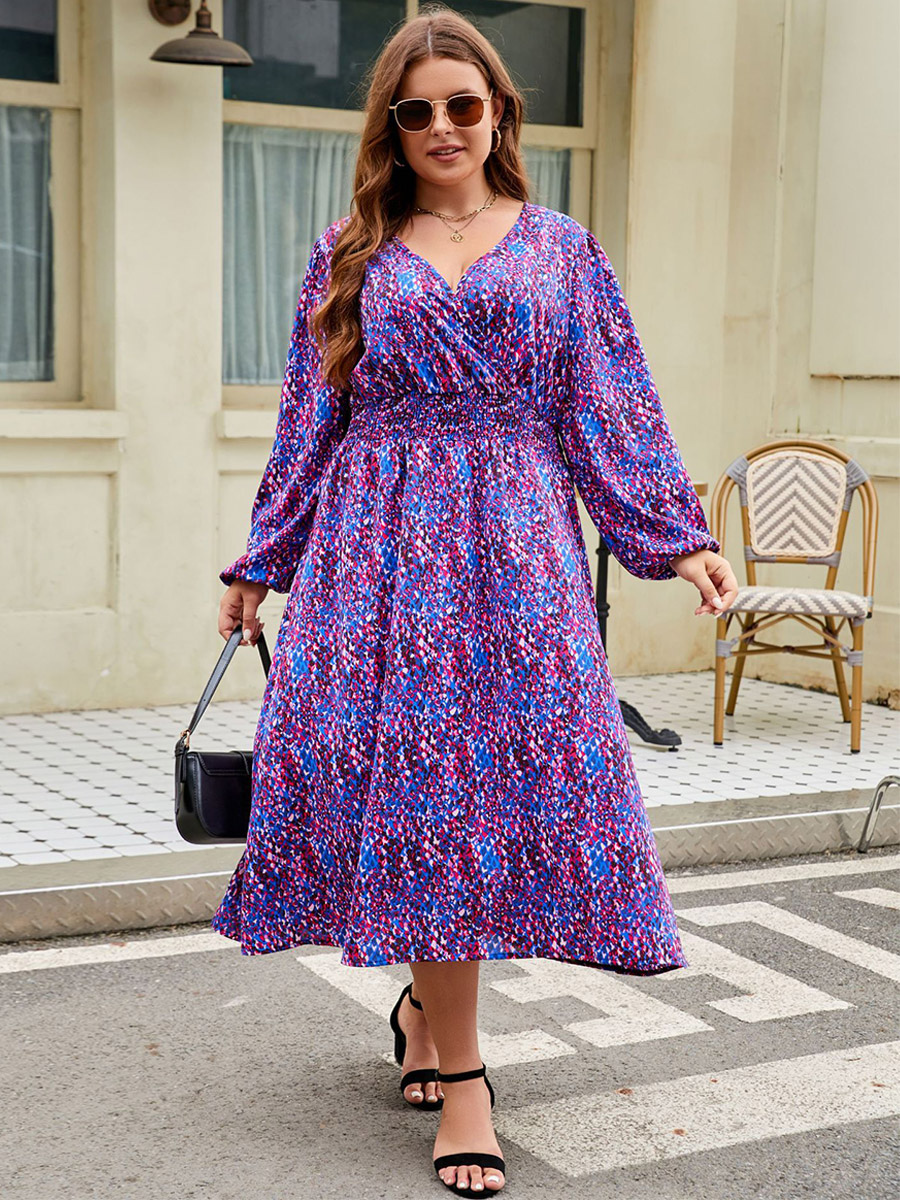 Floral Dress V-Neck Balloon Sleeves A-Line Plus Size Maxi Dresses