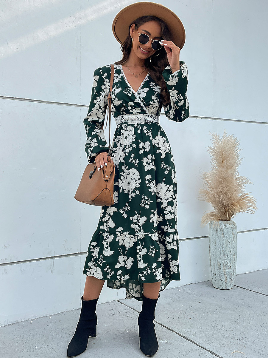 Floral Dress Midi Dress Floral Print Long Sleeves V-Neck Casual Lace N