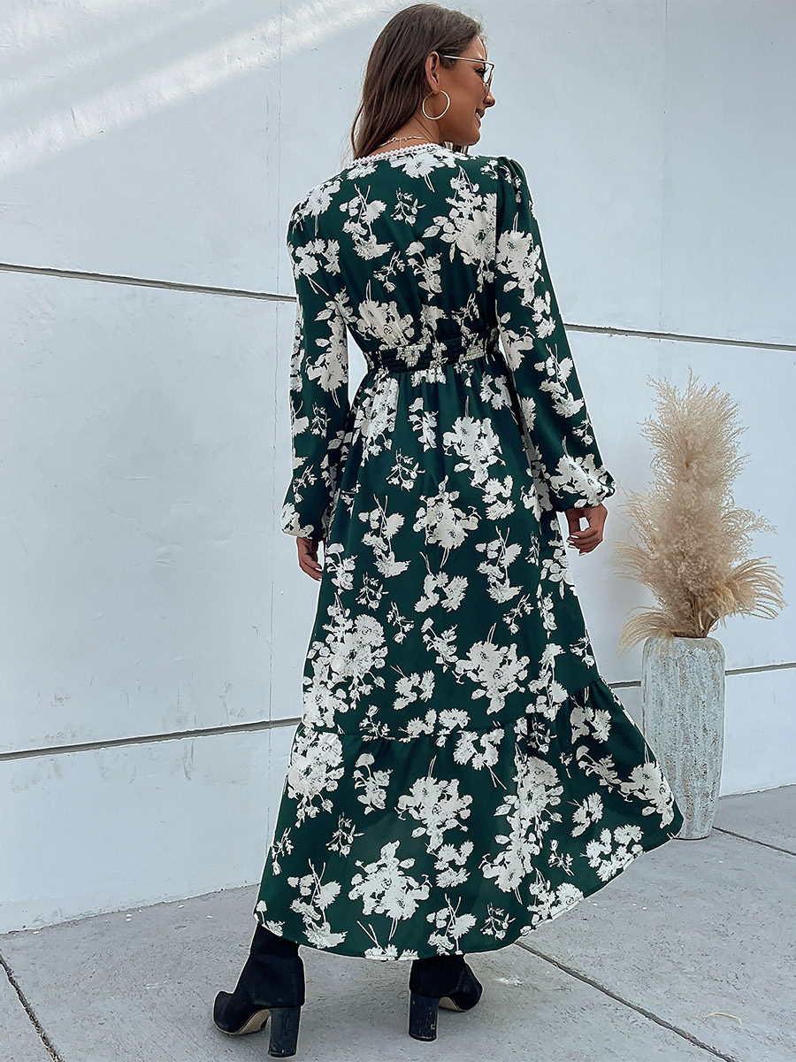 Floral Dress Midi Dress Floral Print Long Sleeves V-Neck Casual Lace No Open Seam Medium Fall