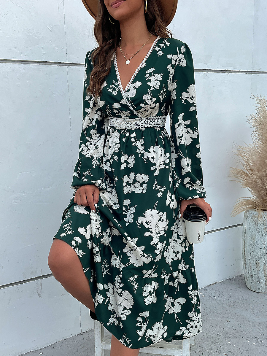 Floral Dress Midi Dress Floral Print Long Sleeves V-Neck Casual Lace No Open Seam Medium Fall