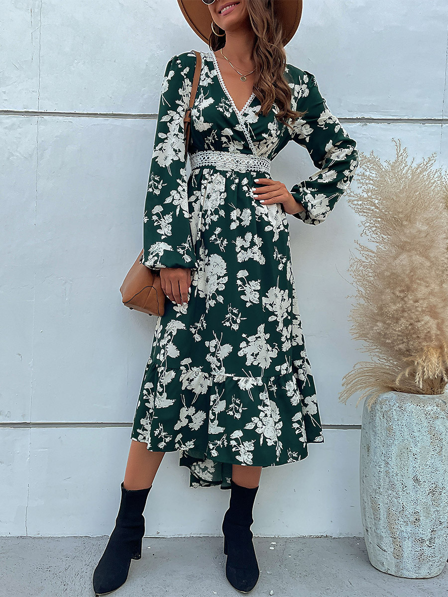 Floral Dress Midi Dress Floral Print Long Sleeves V-Neck Casual Lace No Open Seam Medium Fall