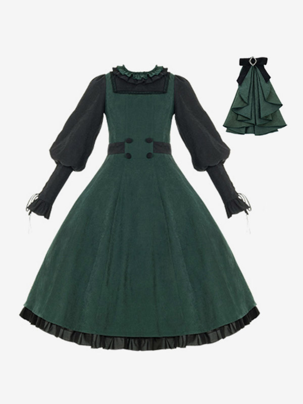 Gothic Lolita Dresses Ruffles Bows Dark Green OP Cloak 2 Piece Set