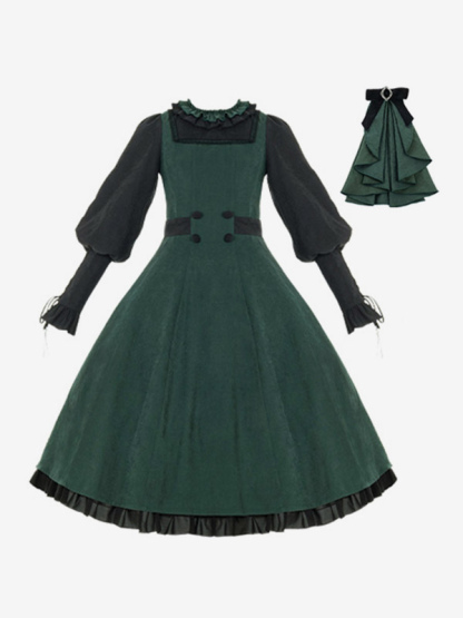 Gothic Lolita Dresses Ruffles Bows Dark Green OP Cloak 2 Piece Set