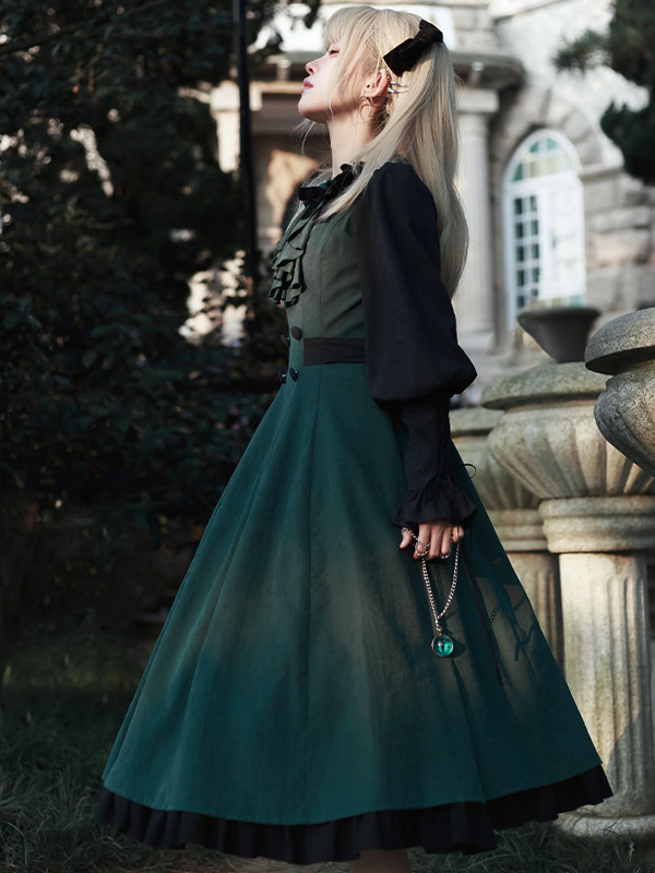 Gothic Lolita Dresses Ruffles Bows Dark Green OP Cloak 2 Piece Set