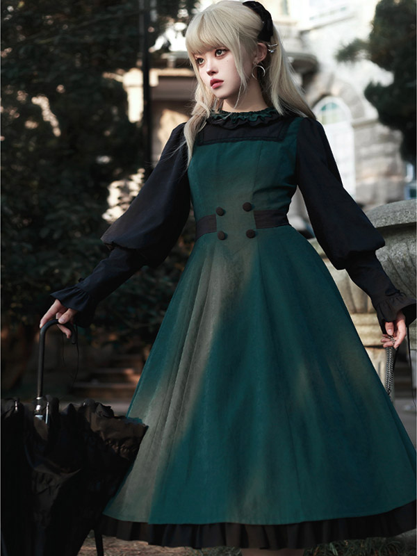 Gothic Lolita Dresses Ruffles Bows Dark Green OP Cloak 2 Piece Set