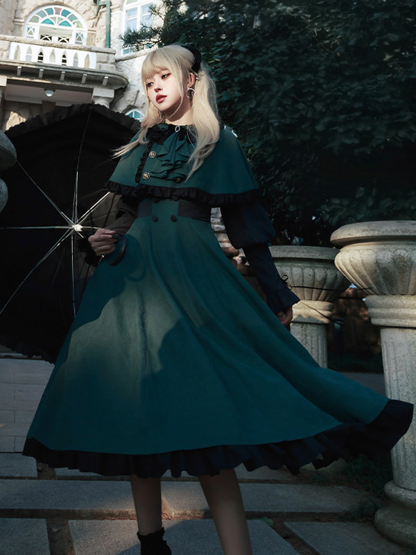 Gothic Lolita Dresses Ruffles Bows Dark Green OP Cloak 2 Piece Set