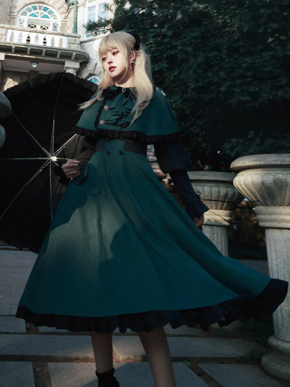 Gothic Lolita Dresses Ruffles Bows Dark Green OP Cloak 2 Piece Set
