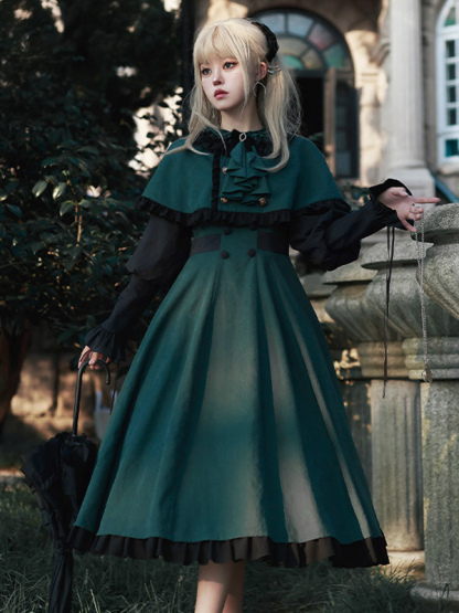 Gothic Lolita Dresses Ruffles Bows Dark Green OP Cloak 2 Piece Set