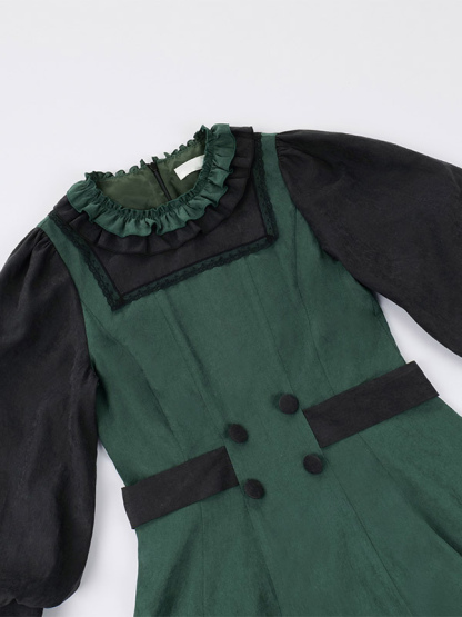 Gothic Lolita Dresses Ruffles Bows Dark Green OP Cloak 2 Piece Set