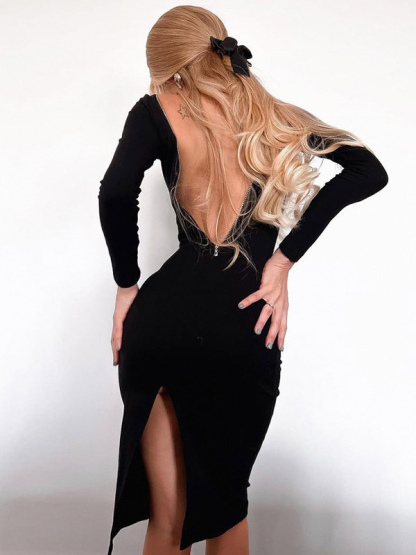 Bodycon Dresses Black Jewel Neck Zipper Backless Sexy Long Sleeves Pencil Dress