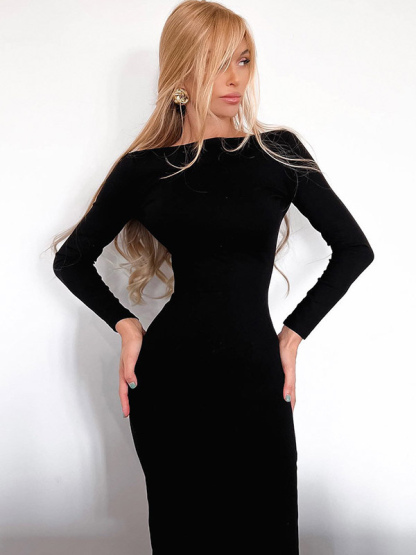 Bodycon Dresses Black Jewel Neck Zipper Backless Sexy Long Sleeves Pencil Dress