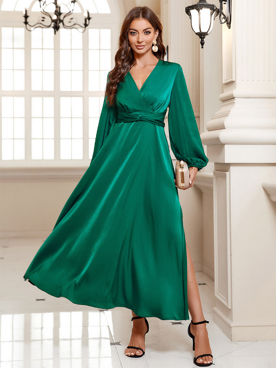 A-Line Party Dress V-Neck Lantern Sleeves Belted High Slit Dresses