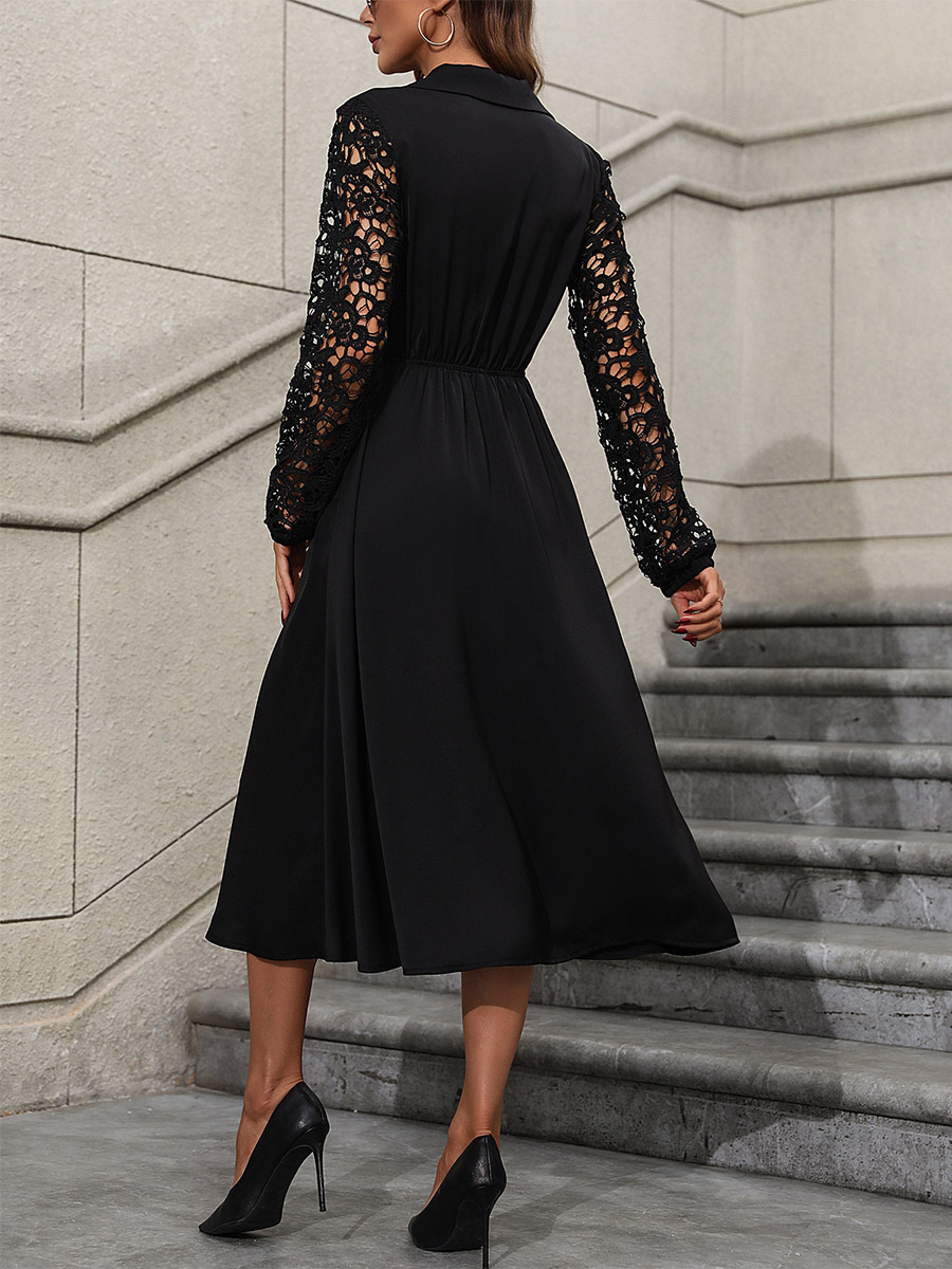 A-Line Dress V-Neck Froal Applique Long-Sleeved Pleated Dresses In Black