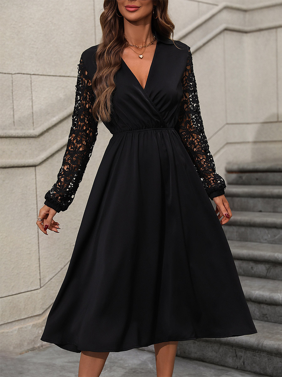 A-Line Dress V-Neck Froal Applique Long-Sleeved Pleated Dresses In Black