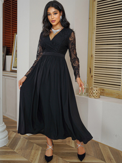 Lace Maxi Dress V-Neck Long Sleeves Faux Wrap Dresses In Black