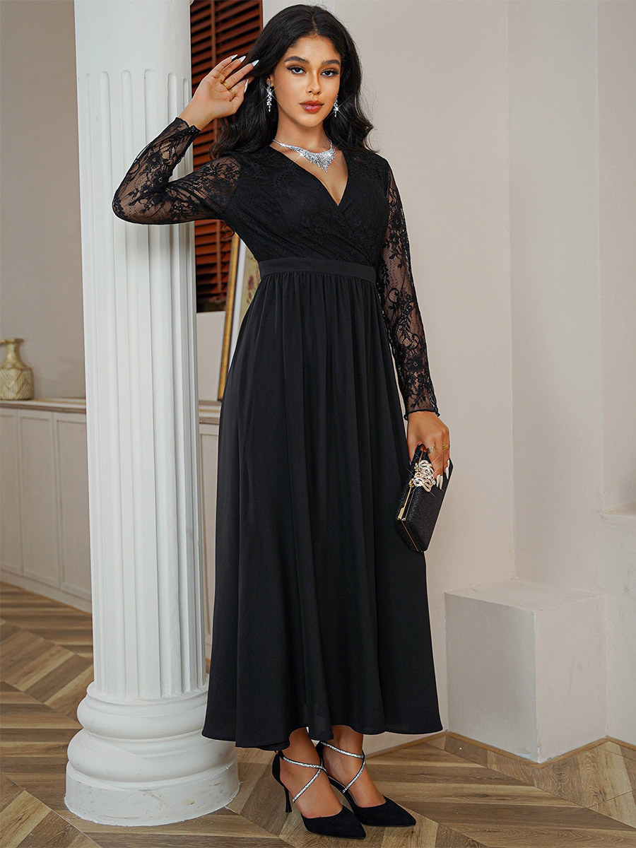 Lace Maxi Dress V-Neck Long Sleeves Faux Wrap Dresses In Black