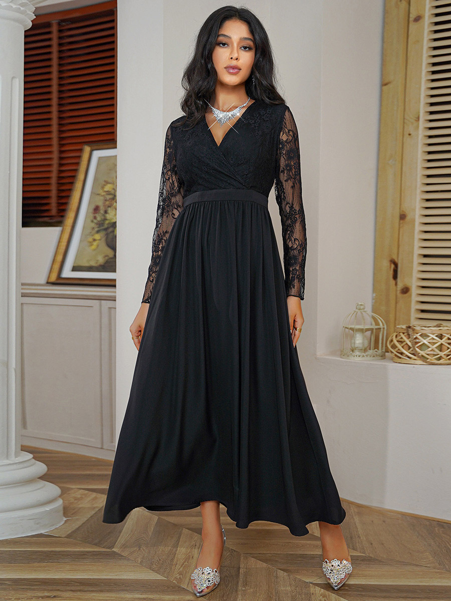 Lace Maxi Dress V-Neck Long Sleeves Faux Wrap Dresses In Black