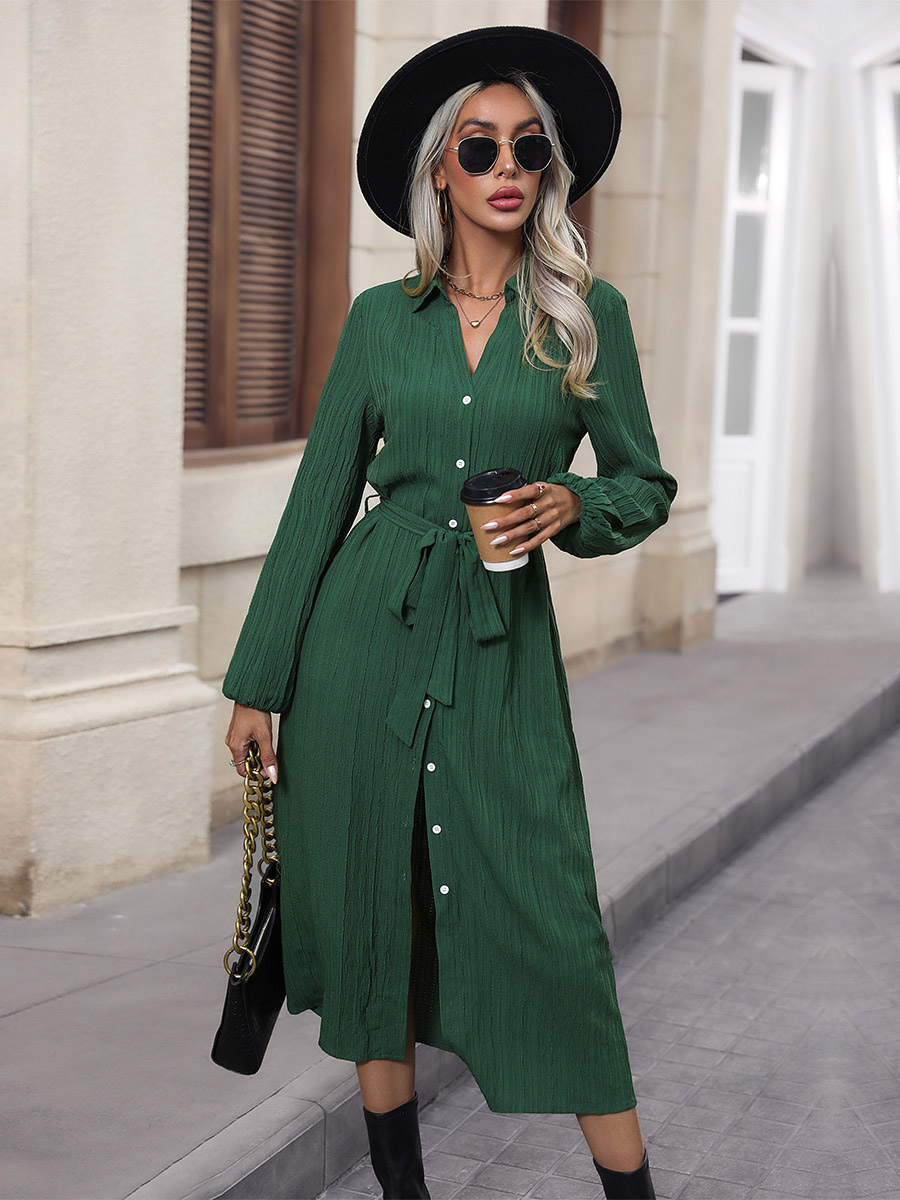 Midi Dress V-Neck Lantern Sleeves Front Button Belt Elegant Dresses