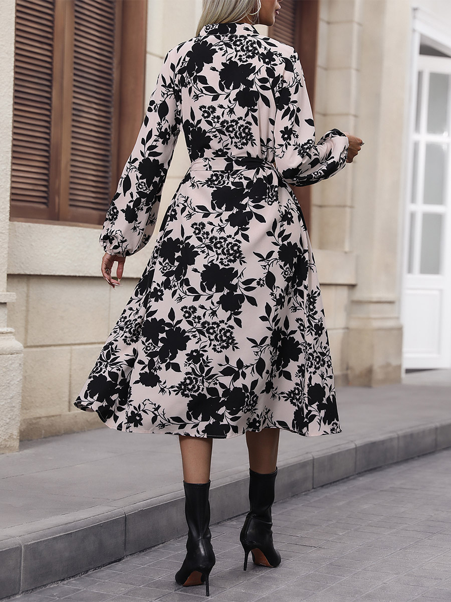 Floral Printed Dress Lantern Sleeves Belted Daily Casual Dresses