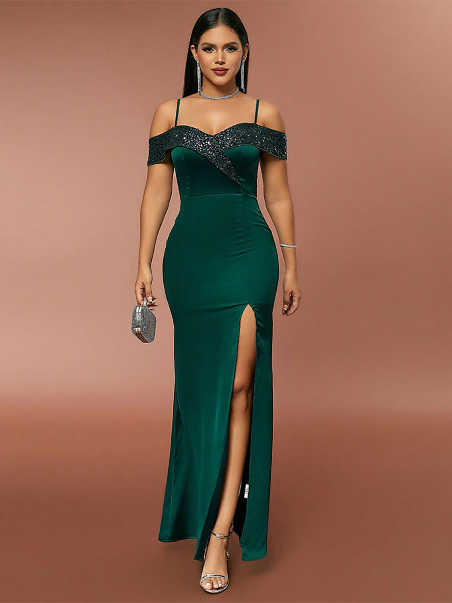 Green Prom Dress Spaghetti Straps Backless High-Slit Sequins Party Dresses