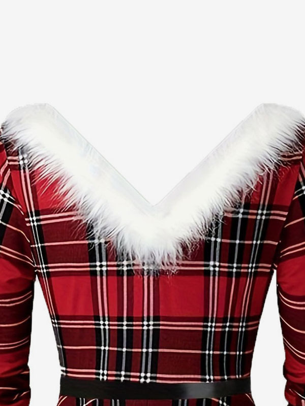 Vintage Scotland Dress V-Neck Feather Trim Belted High-Low Dresses