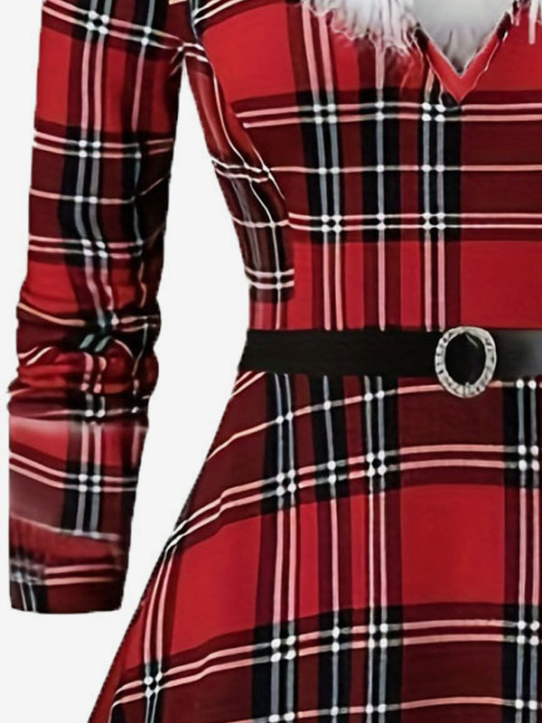 Vintage Scotland Dress V-Neck Feather Trim Belted High-Low Dresses