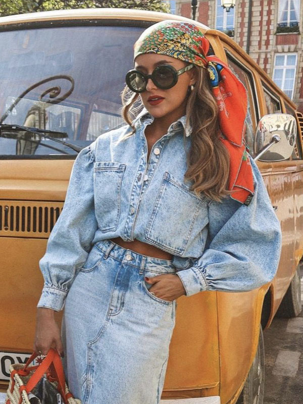 Denim Outfit Oversized Lantern Sleeves Top And Full Skirt 2 Pieces Set
