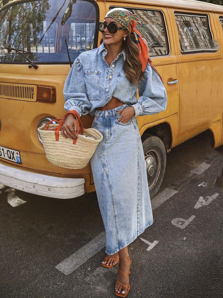 Denim Outfit Oversized Lantern Sleeves Top And Full Skirt 2 Pieces Set