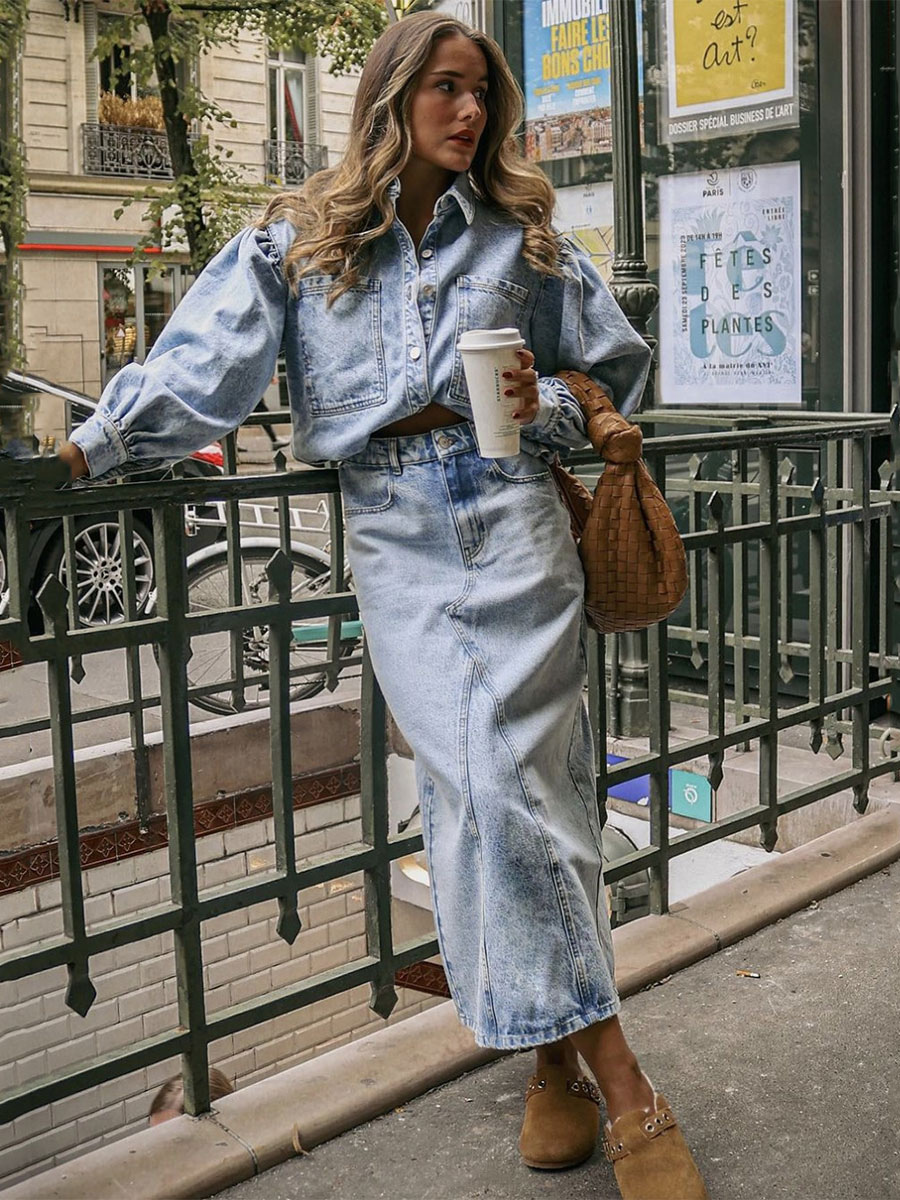 Denim Outfit Oversized Lantern Sleeves Top And Full Skirt 2 Pieces Set