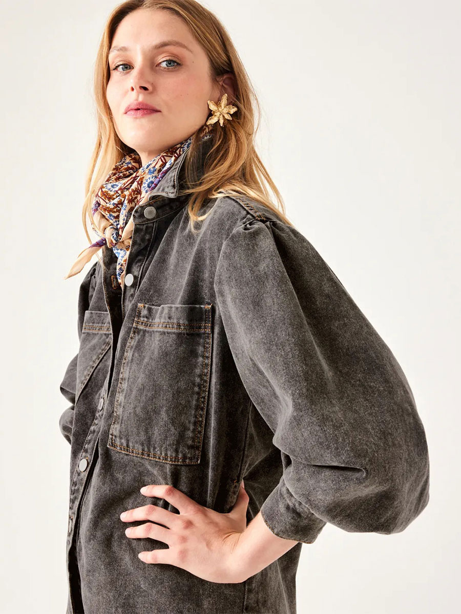 Denim Outfit Oversized Lantern Sleeves Top And Full Skirt 2 Pieces Set