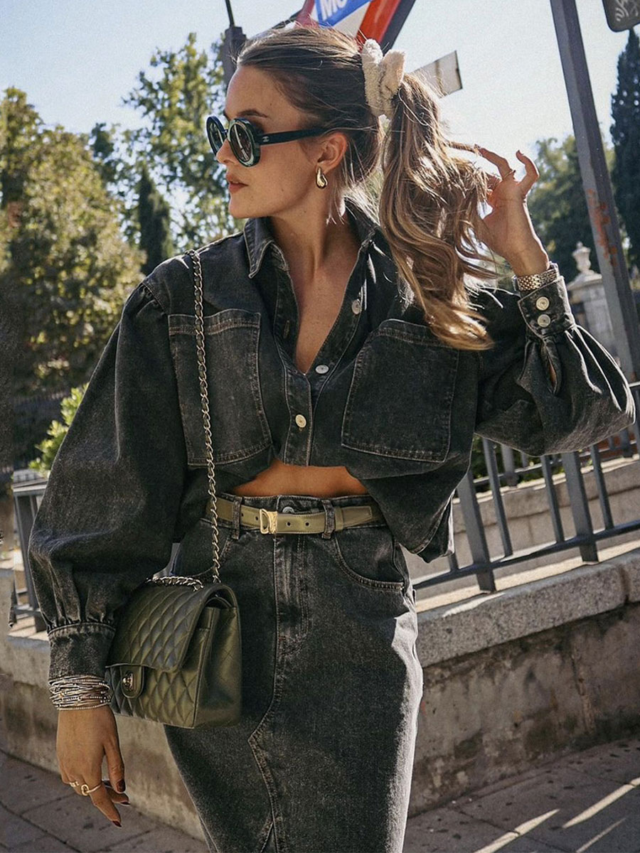 Denim Outfit Oversized Lantern Sleeves Top And Full Skirt 2 Pieces Set