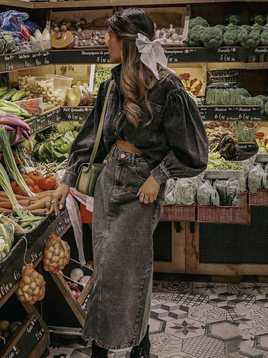 Denim Outfit Oversized Lantern Sleeves Top And Full Skirt 2 Pieces Set