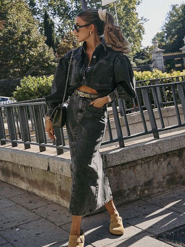 Denim Outfit Oversized Lantern Sleeves Top And Full Skirt 2 Pieces Set