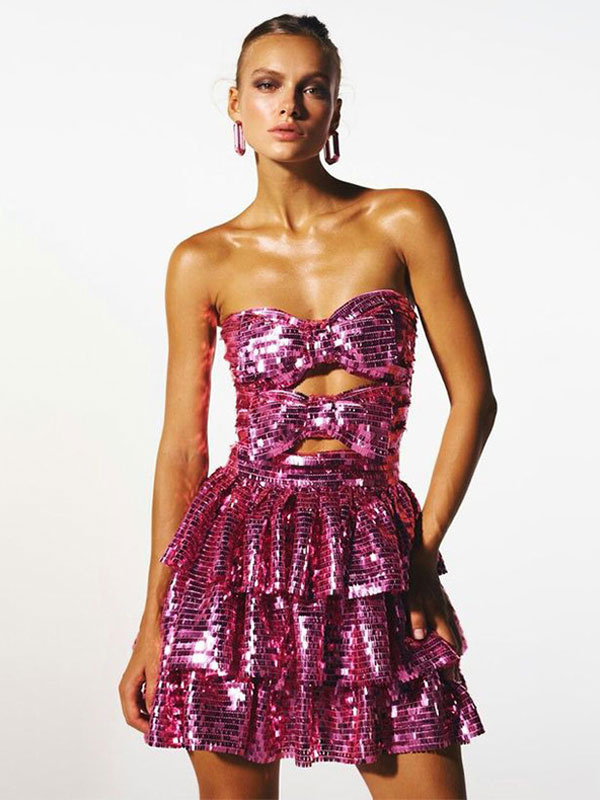 Sequins Party Dress Sleeveless Cut Out Backless Ruffles Mini Dresses