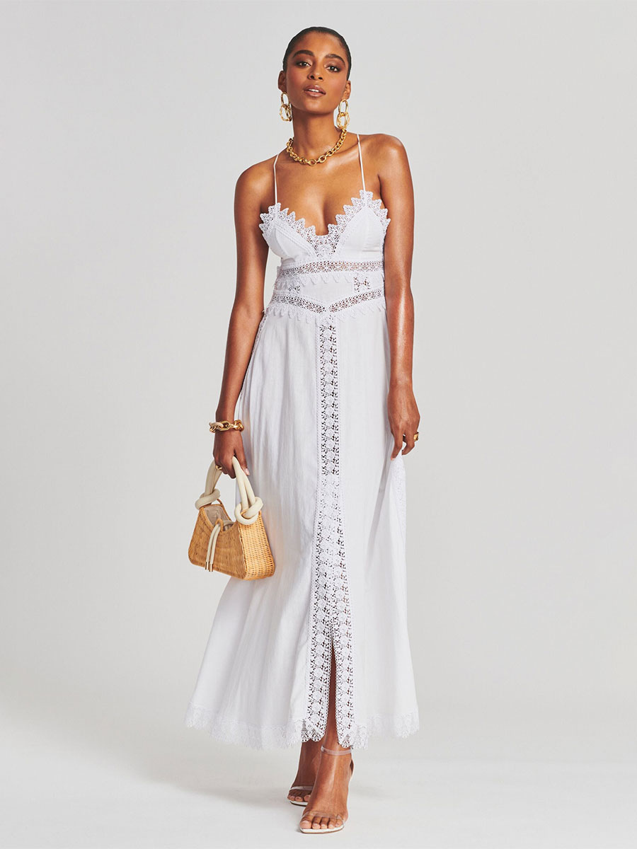 White Dress Spaghetti Straps Scalloped Lace Trim Cut Out Backless Maxi
