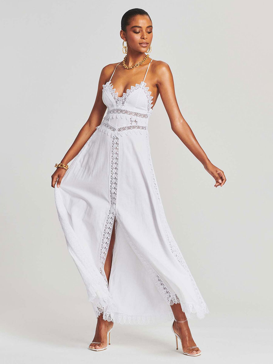 White Dress Spaghetti Straps Scalloped Lace Trim Cut Out Backless Maxi Dresses