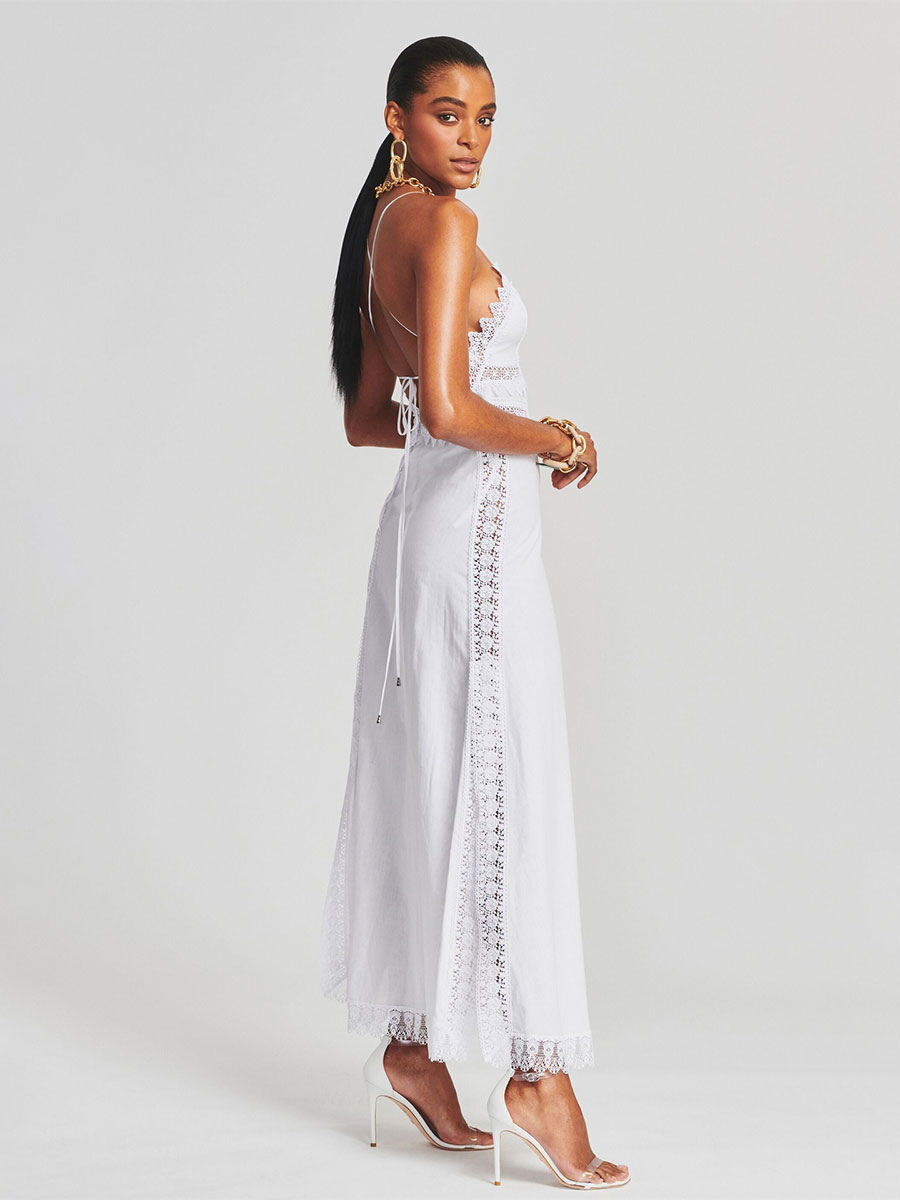 White Dress Spaghetti Straps Scalloped Lace Trim Cut Out Backless Maxi Dresses
