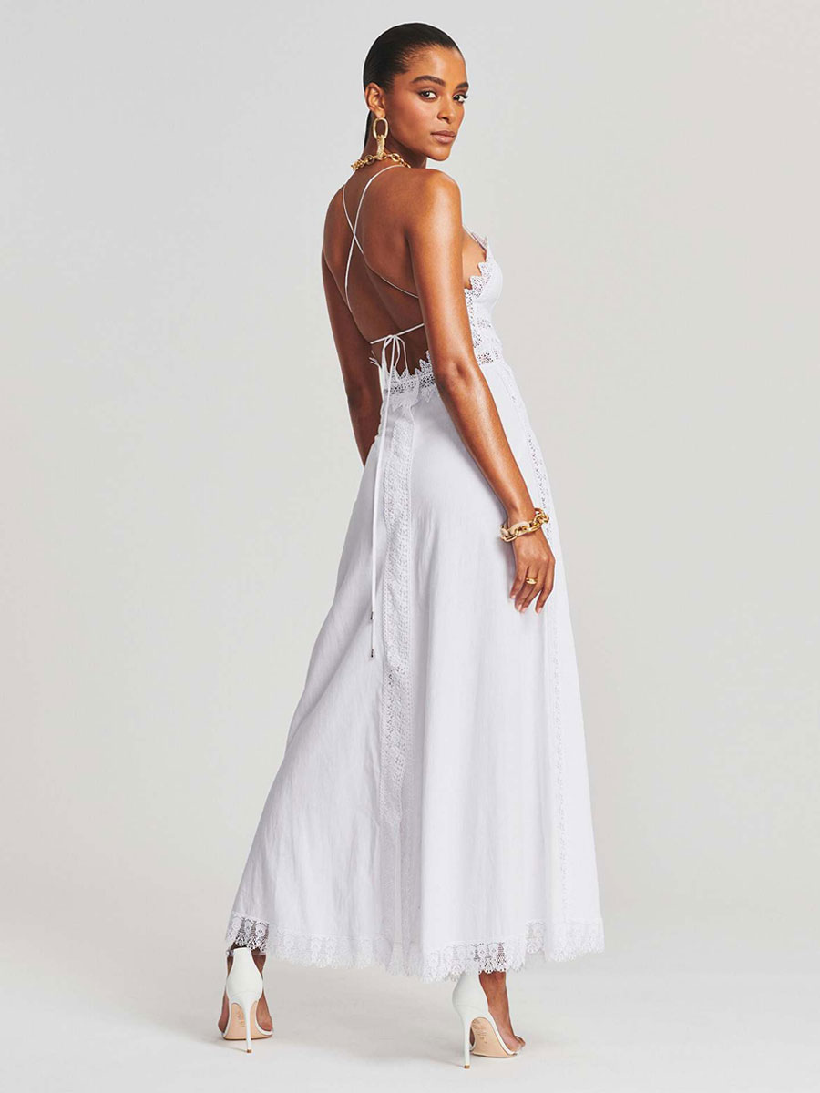 White Dress Spaghetti Straps Scalloped Lace Trim Cut Out Backless Maxi Dresses