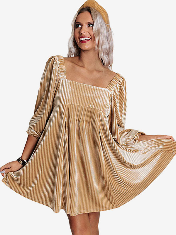 Corduroy Mini Dress Square Neckline Long Sleeves Ruffles Flared Dresses