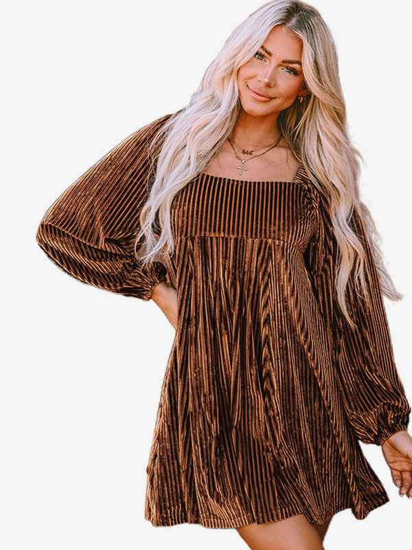 Corduroy Mini Dress Square Neckline Long Sleeves Ruffles Flared Dresses