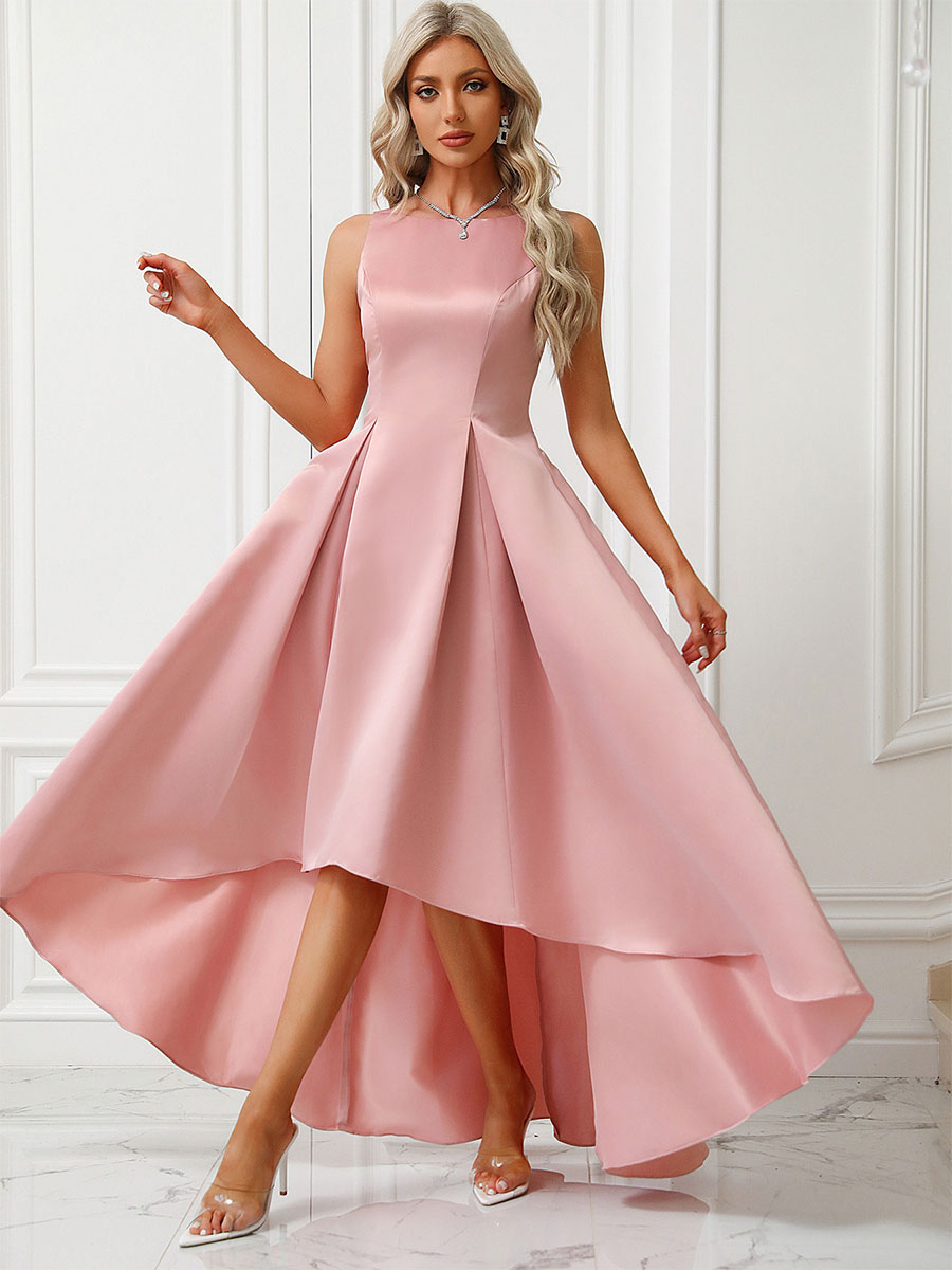 Pink Dress Sleeveless V-Back High-Low Ruching Party Prom Dresses