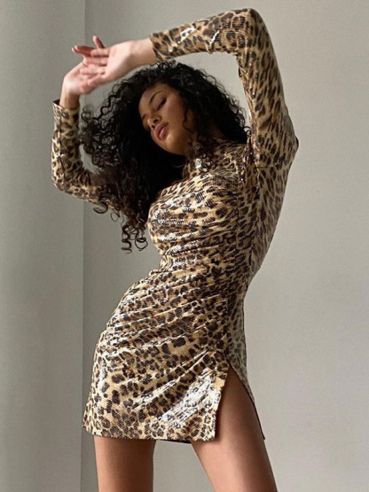 Leopard Dress Mock Neck Long Sleeves Ruching Slit Sexy Mini Dresses